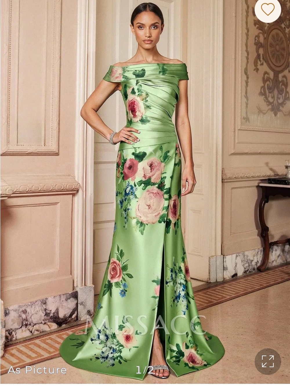 Off-Shoulder Green Floral Satin Evening Dress